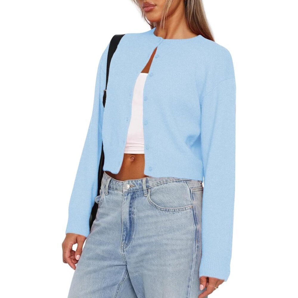 Women's Cropped Knit Cardigan Sweater Long Sleeve Button Front Casual Summer